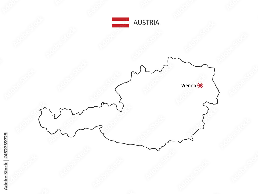 Hand draw thin black line vector of Austria Map with capital city Vienna on white background.