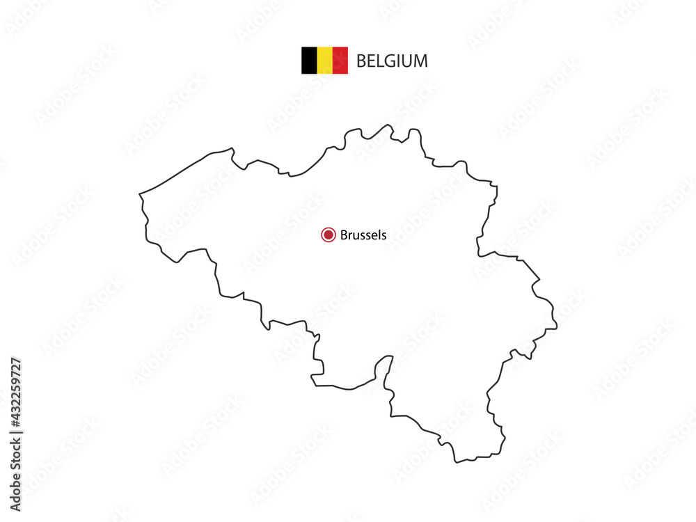 Hand draw thin black line vector of Belgium Map with capital city Brussels on white background.