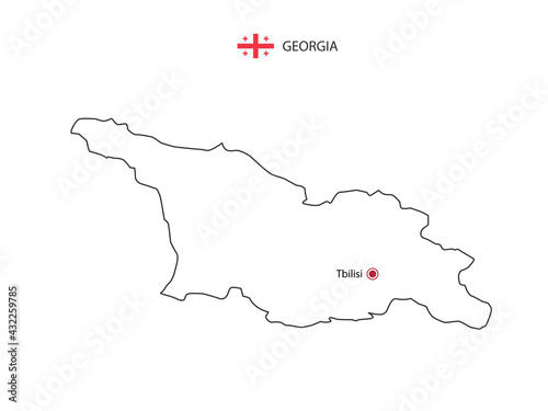 Hand draw thin black line vector of Georgia Map with capital city Tbilisi on white background.