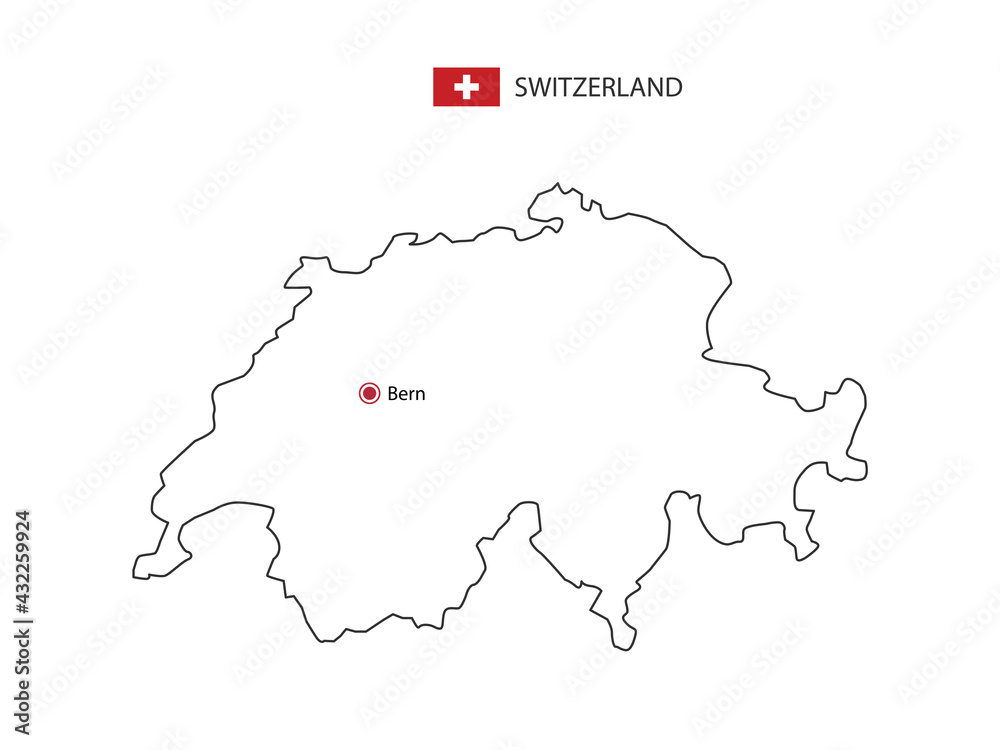 Fototapeta premium Hand draw thin black line vector of Switzerland Map with capital city Bern on white background.