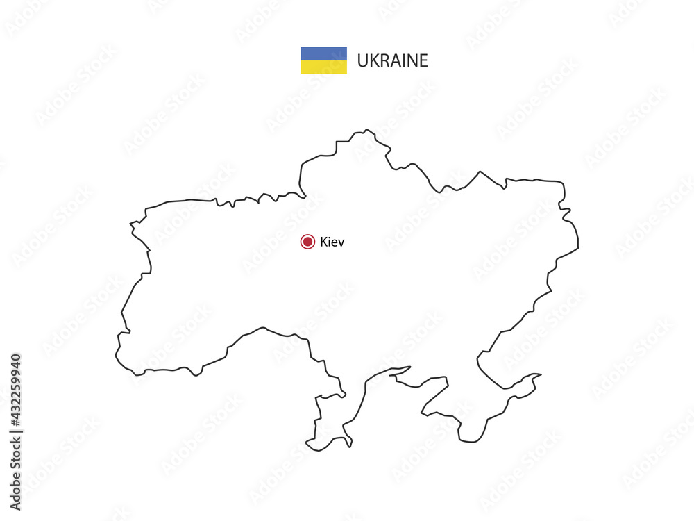 Hand draw thin black line vector of Ukraine Map with capital city Kiev on white background.