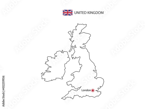 Hand draw thin black line vector of United Kingdom Map with capital city London on white background.
