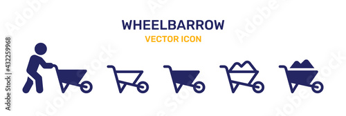 Wheelbarrow icons vector set. Gardening tools collection.