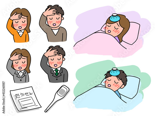 熱　発熱　かぜ　体調不良　イラスト素材