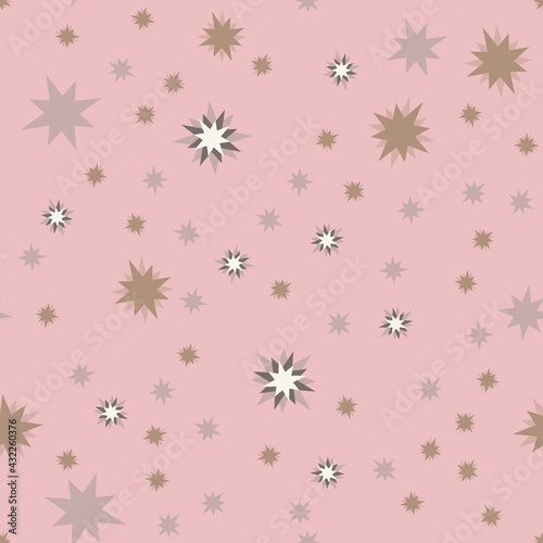 Star pattern vector illustration. Seamless repeating pink background with different flashes in the sky  for baby  kid  child. For textiles  fabrics and printing. Packaging design  wrapping paper.