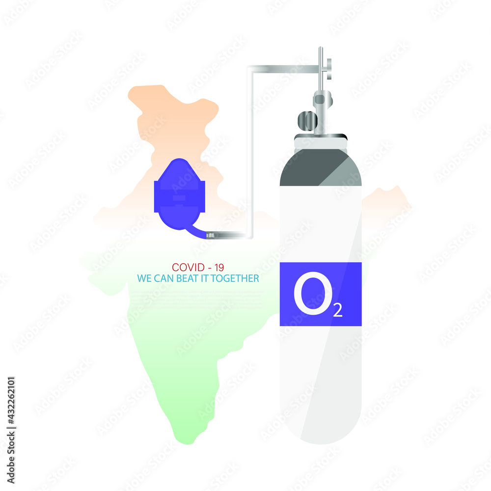 Medical Life Support Oxygen Cylinder with mask and India map background. Vector illustration.