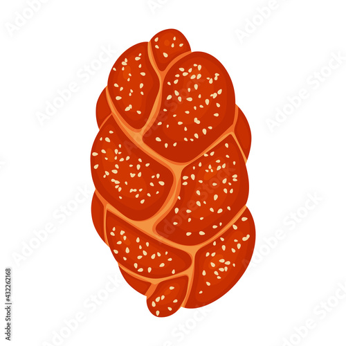 Challah with sesame seeds is the national Jewish food. White bread. Vector illustration isolated on white background.