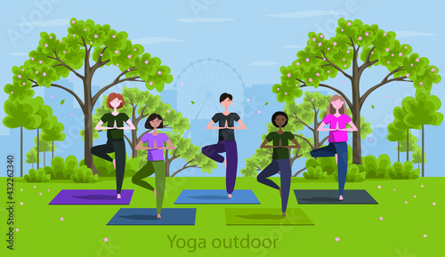 Young women in sportswear training yoga outdoor in city park spring. Open air yoga practic. Yoga class outside. Flat cartoon style concept banner or poster