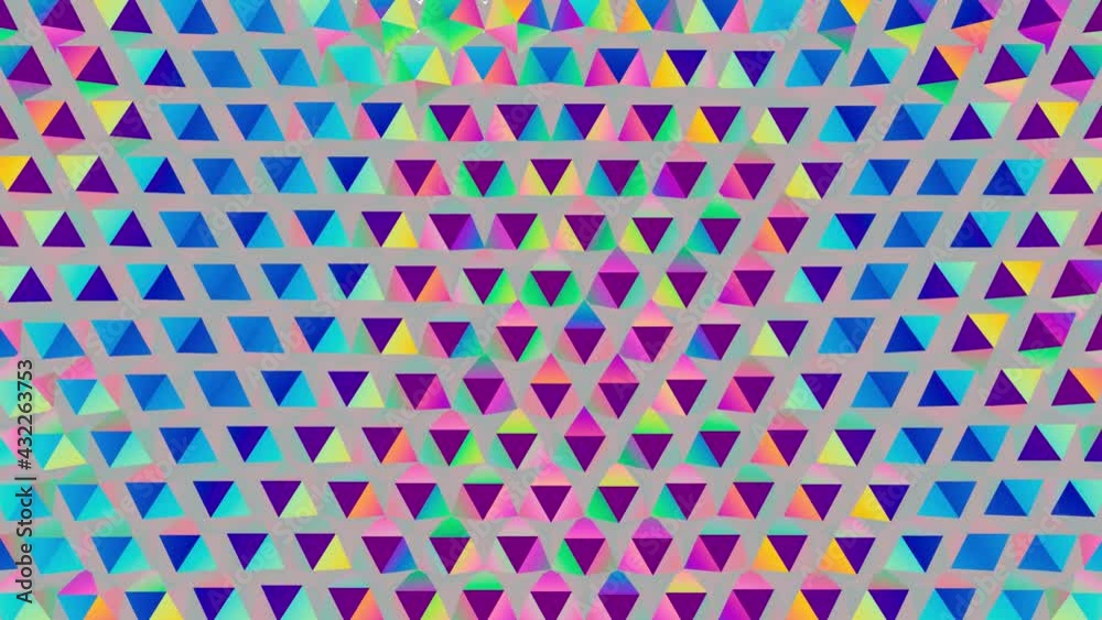 A moving geometric rainbow background shimmers, turning triangles into pentagons, then into rhombuses. Seamless loop. A moving geometric rainbow background shimmers, turning triangles into pentagons, then into rhombuses. Seamless loop.
