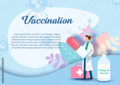 Doctor in cartoon character holding a giant syringe with vaccine bottle and medical bag on decoration plants and Vaccination wording, example texts and blue background.