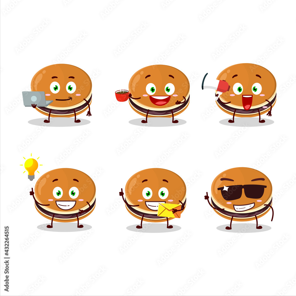 Dorayaki cartoon character with various types of business emoticons