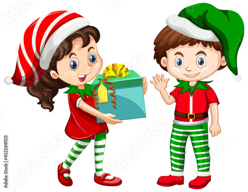 Cute boy and girl wearing Christmas costumes cartoon character