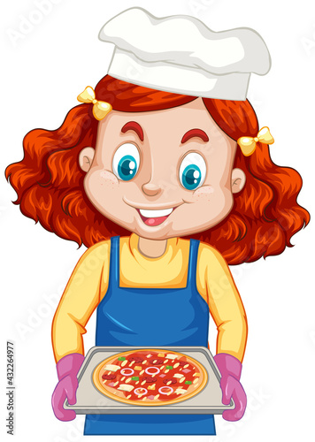 Chef girl cartoon character holding pizza tray