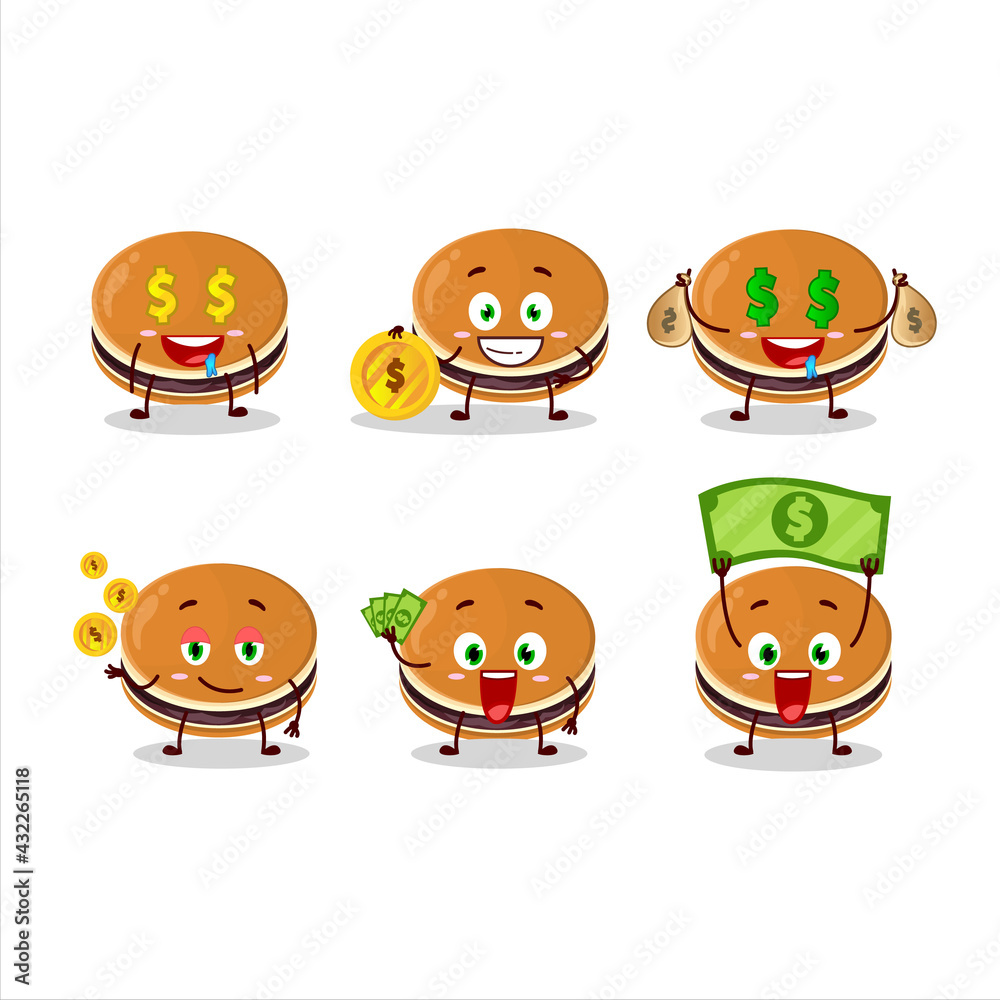 Dorayaki cartoon character with cute emoticon bring money