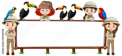 Photography Empty banner with many children and wild animals on white background