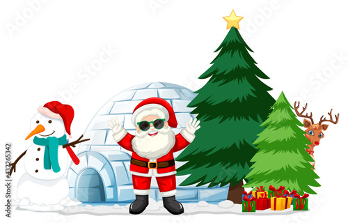 Santa Claus with many gifts and igloo on white background