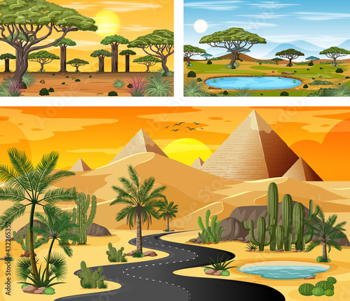 Different nature horizontal scenes in cartoon style