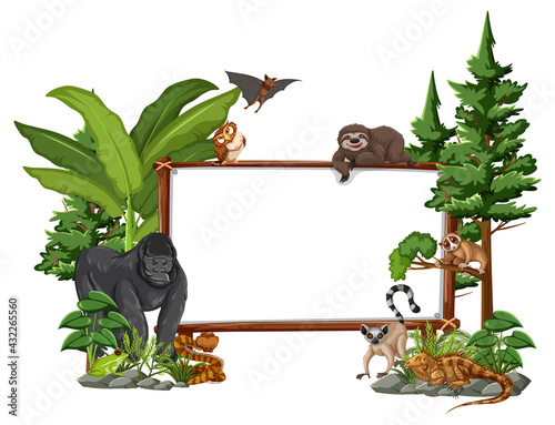 Empty banner with wild animals and rainforest trees on white background