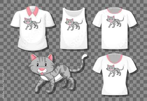 Cat cartoon character with set of different shirts isolated on transparent background