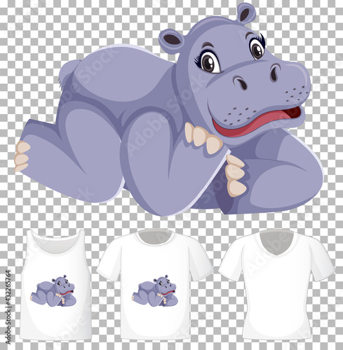 Set of different shirts with hippopotamus cartoon character isolated on transparent background