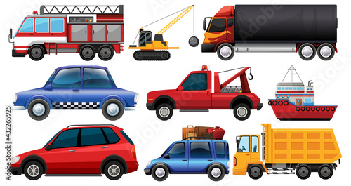 Set of different kind of cars and trucks isolated on white background