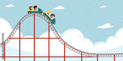 Fototapeta Naklejka Na Ścianę i Meble -  Children ride roller coaster with sky background