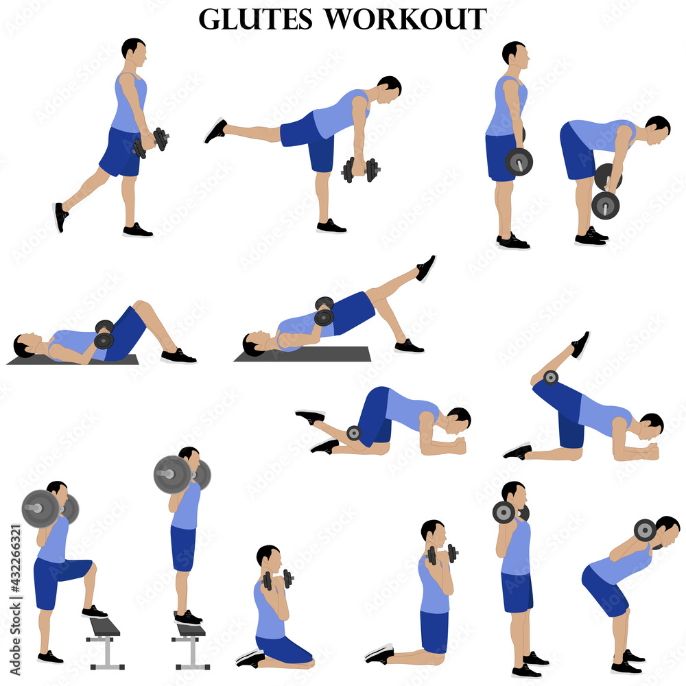 Workout man set. Glutes workout illustration. Male doing fitness exercises illustration