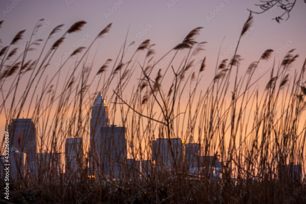 Cleveland skyline at sunset