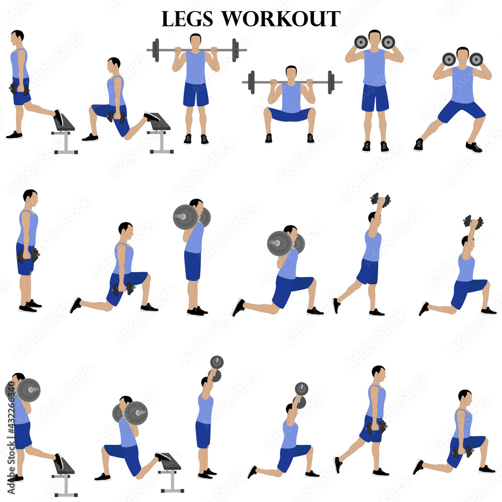 Workout man set. Legs workout illustration. Male doing fitness exercises illustration