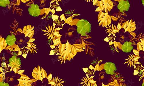 Beige Seamless Vintage. Vintage Pattern Exotic. Golden Tropical Painting. Black Floral Art. Violet Flora Exotic. Yellow Spring Nature. Watercolor Plant.