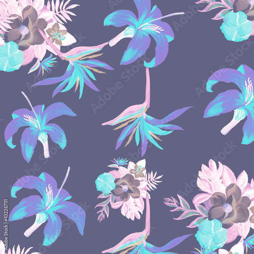 Violet Pattern Background. Cobalt Tropical Hibiscus. Indigo Floral Foliage. Navy Flora Exotic. Purple Decoration Palm. Blue Wallpaper Texture. Coral Spring Leaves.