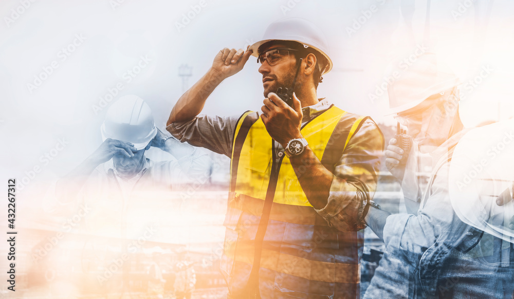 Double exposure of engineer caucasian man using walkie-talkie talking in the work site, abstract design. - obrazy, fototapety, plakaty 