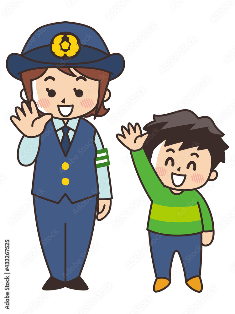 笑顔で手を振る婦警さんと男の子 交通安全 笑顔で手を振る婦警さんと男の子 交通安全