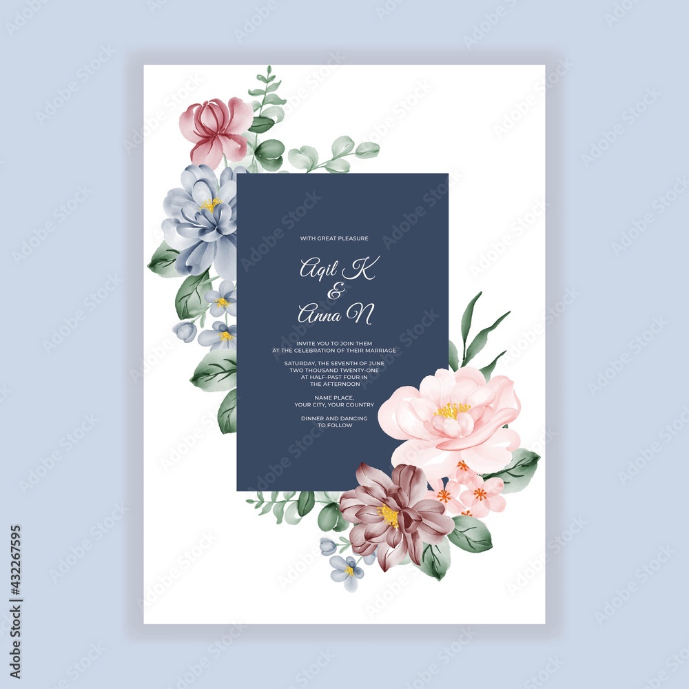 beauty Wedding floral round invitation card with pink blue burgundy flowers