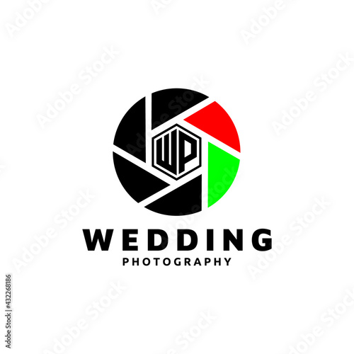 Shutter Aperture Camera Lens with Initial Letter WP for Wedding Photo, Photography or Photographer Emblem Badge Logo Design