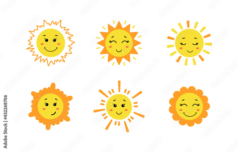 Set of cute hand drawn sun. Yellow funny suns with different emotions isolated on white background. Vector childish illustration in flat cartoon style. Set of cute hand drawn sun. Yellow funny suns with different emotions isolated on white background. Vector childish illustration in flat cartoon style.