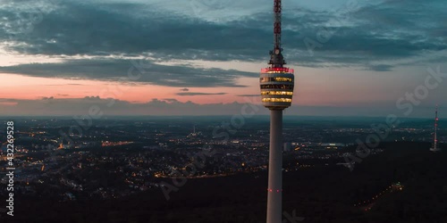 TV Tower Stuttgart Germany Sunset Dawn overview city aerial 4k wide