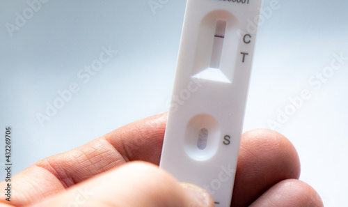 A close up of a hand holding a negative lateral flow test result