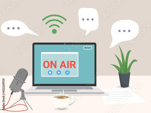 Podcast Online show radio broadcasting podcasting in internet website Radio host workplace