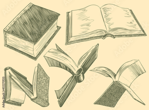 Books. Design set. Hand drawn engraving. Editable vector vintage illustration. Isolated on light background. 8 EPS