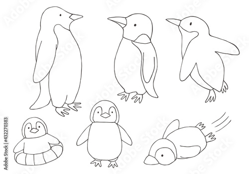手描きのペンギン親子 線画（モノクロ）