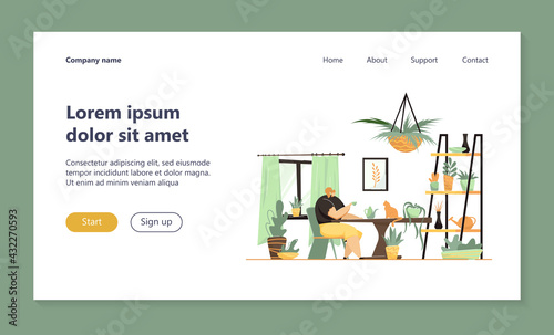 Woman sitting at table with houseplants and cat. Cozy living room with plants flat vector illustration. Home garden, gardening, hobby concept for banner, website design or landing web page