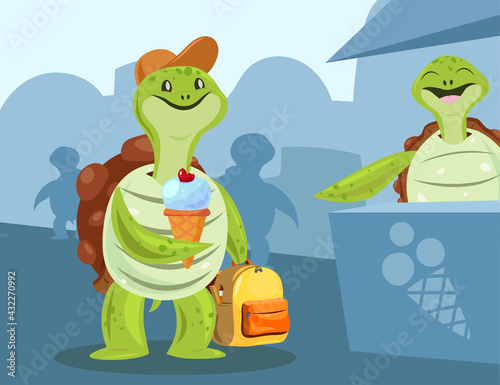 Happy turtle cartoon character buying ice cream illustration. Cute tortoise holding cone, seller smiling, silhouettes of sea mammals. Ice cream shop, street food, marketing, sweet treats concept