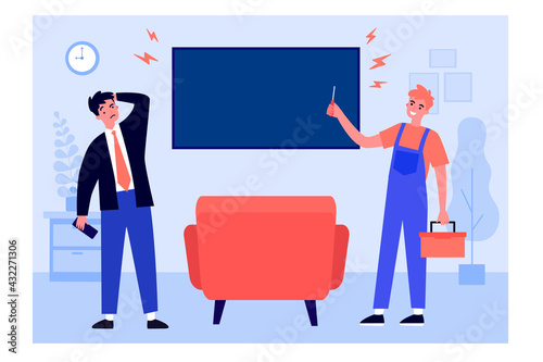 Happy handyman repairing television monitor. Home, screwdriver, repairman flat vector illustration. Service and maintenance concept for banner, website design or landing web page