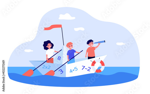 Cute kids sailing on boat with numbers. Math, study, sea flat vector illustration. Education and exploration concept for banner, website design or landing web page