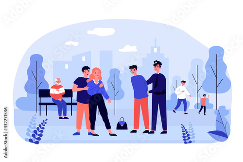 Police officer catching thief in city park. Bag, outlaw, protection flat vector illustration. Law and theft concept for banner, website design or landing web page