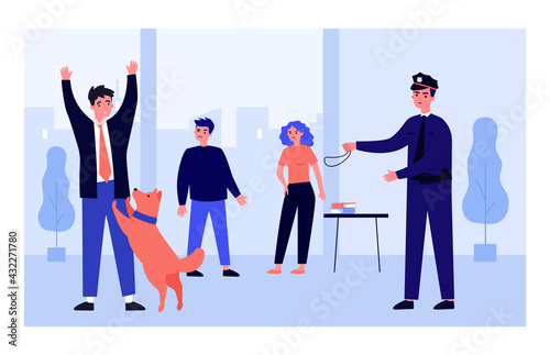 Police dog attacking scared criminal man. Officer, outlaw, arrest flat vector illustration. Law and animals concept for banner, website design or landing web page