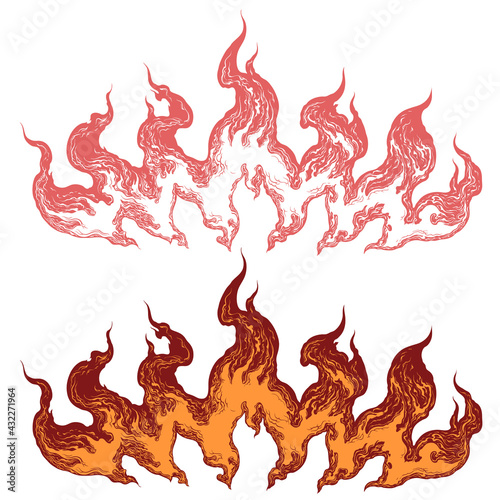 Flame. Hand drawn engraving. Editable vector vintage illustration. Isolated on white background. 8 EPS