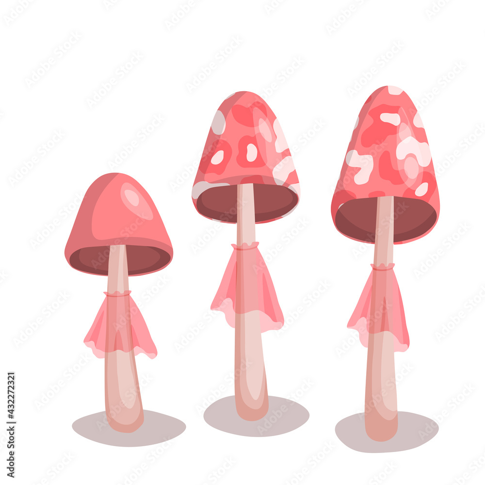 Mushrooms set icon isolated on white background. Cute fairy mushroom. Template vector illustration for packaging, banner, card and other design. Food concept