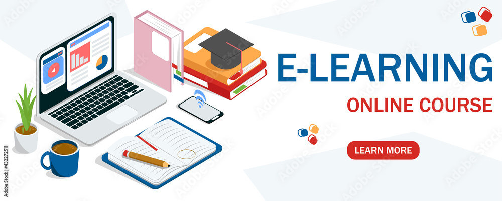 Isometric vector design of online education banner, e-learning used during COVID 19 pandemic, remote or distance course for academic students Isometric vector design of online education banner, e-learning used during COVID 19 pandemic, remote or distance course for academic students